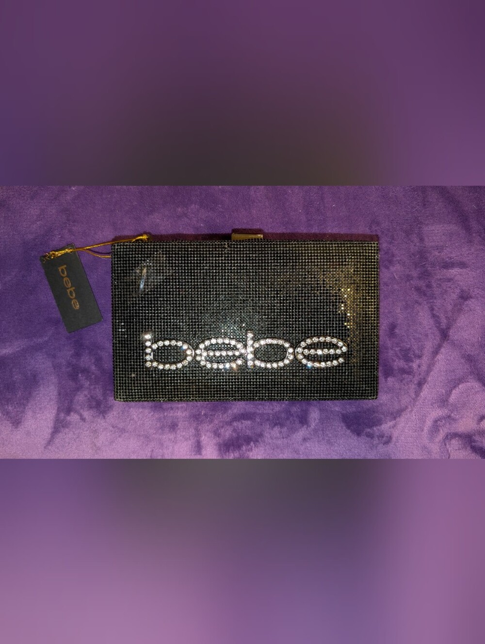 NWT Bebe Zaza Black Rhinestone Crystal Logo Evening Box Clutch Bag